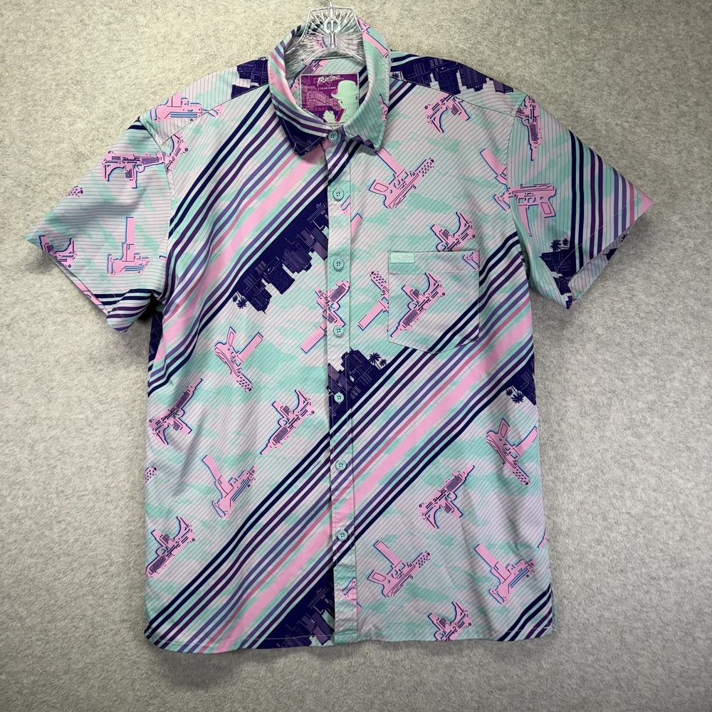 Retro Rifle Ocean Drive Shirt Mens Large Green Miami Graphic Party Button Up